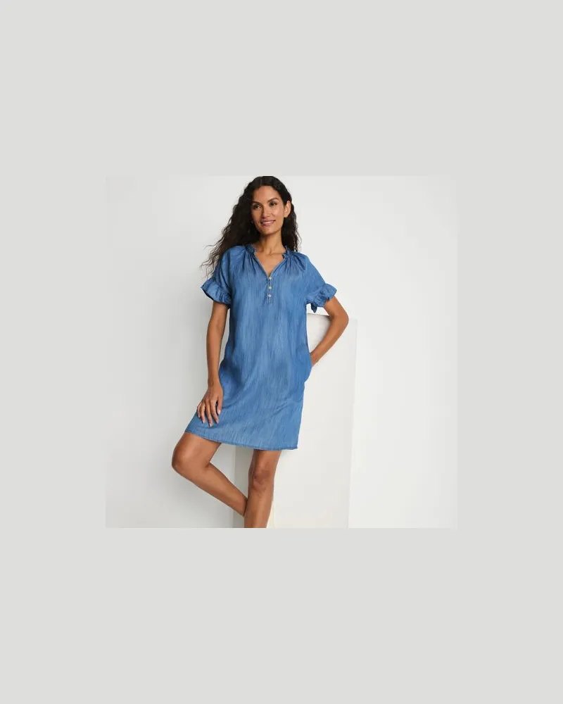 Lands' End Lyocell-Kleid mit kurzen Ärmeln und Rüschen, Damen, Größe:44-46 regular, Blau, Kunstseide/Lyocell (Viskose), by Blau