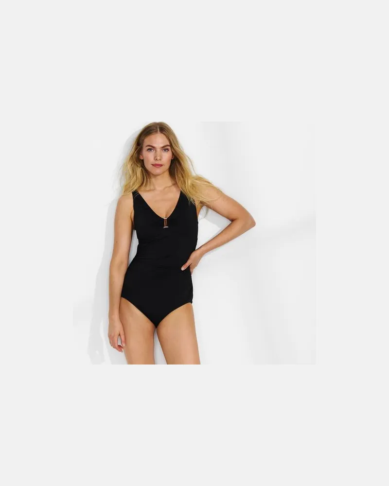 Lands' End Badeanzug mit Ringdetail und V-Ausschnitt, Damen, Größe regular, Schwarz, Nylon-Mischung, by Schwarz