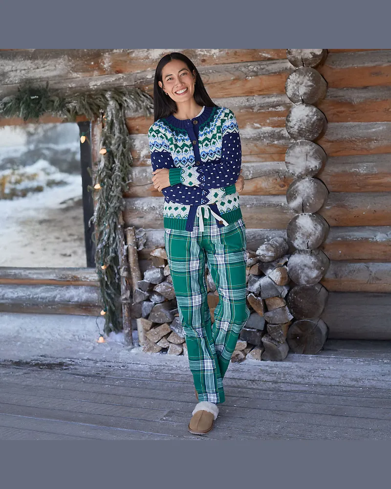 Lands' End Pyjama-Set mit Flanellhose, Damen, Größe regular, Grün, Baumwolle/Baumwoll-Mischung/Viskose-Mischung, by Grün