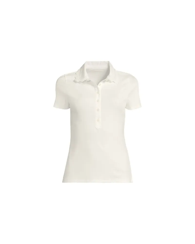 Lands' End Feinripp-Poloshirt mit Lochmusterkragen, Damen, Größe regular, Weiß, Baumwoll-Mischung, by Weiß