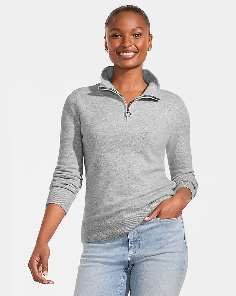 Lands' End Kaschmir-Pullover mit Reißverschluss, Damen, Größe regular, Grau, Kaschmir, by Grau