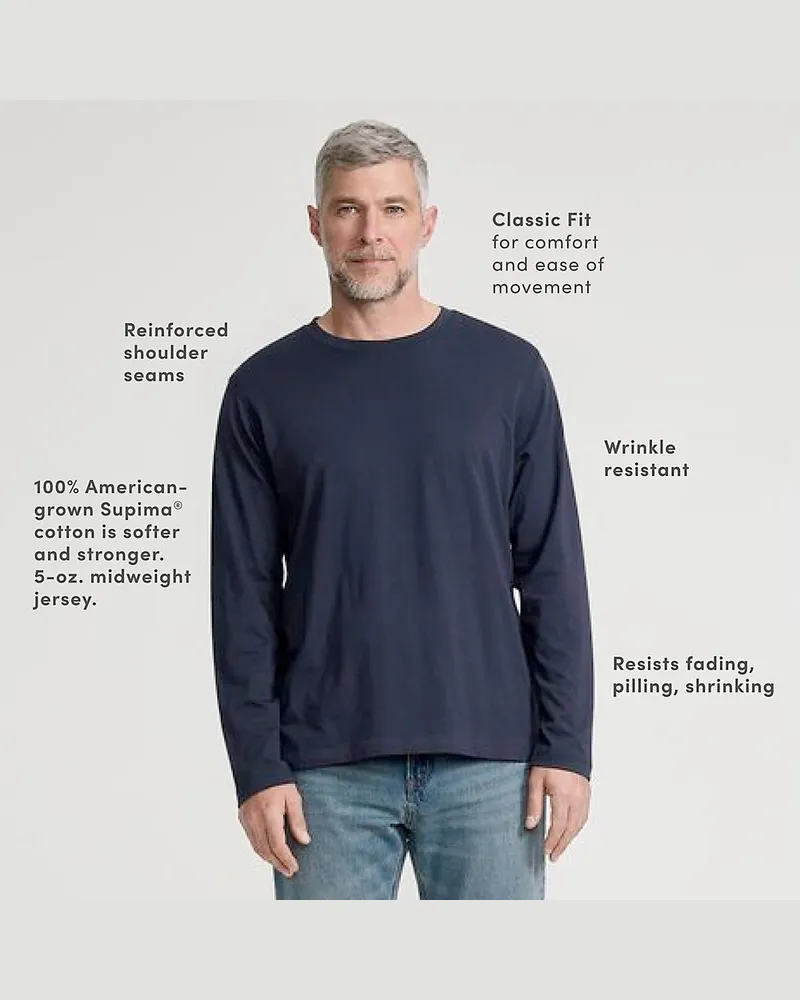 Lands' End Supima Langarm-Shirt mit Rundhalsausschnitt, Herren, Größe regular, Blau, Baumwolle, by Blau