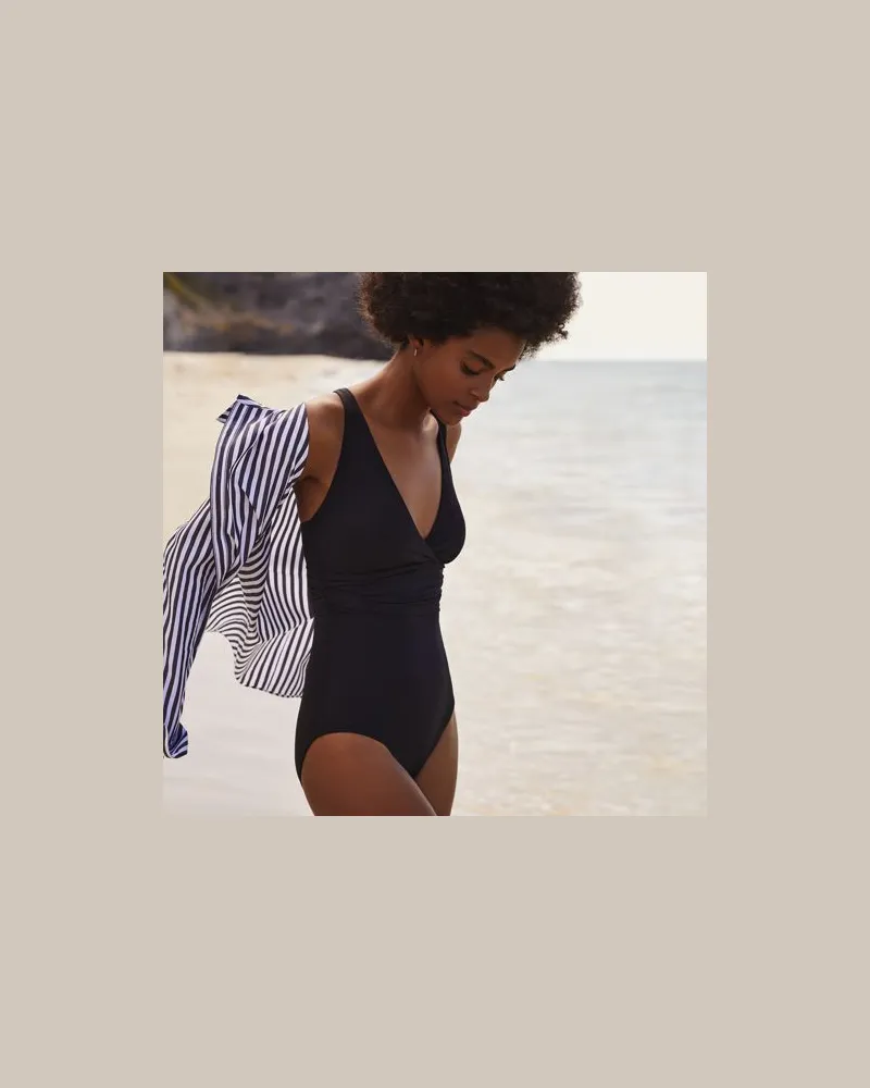Lands' End Badeanzug mit V-Ausschnitt, leicht figurstraffend, Damen, Größe:32-34 regular, Schwarz, Elasthan/Nylon-Mischung, by Schwarz