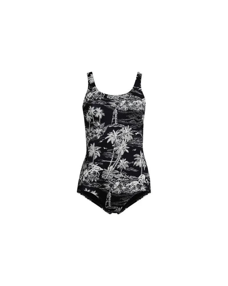 Lands' End Gemusterter Komfort-Badeanzug CHLORRESISTENT mit Soft Cups, Damen, Größe plus, Schwarz, Nylon-Mischung, by Schwarz