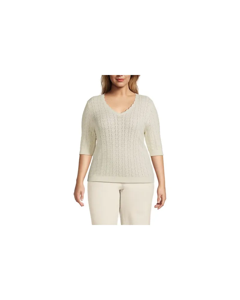 Lands' End Lochmusterpullover mit ellbogenlangen Ärmeln, Damen, Größe plus, Weiß, Baumwolle/Nylon/Viskose, by Weiß