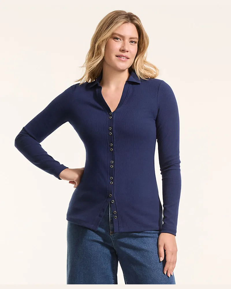 Lands' End Jerseybluse mit Polokragen, Damen, Größe petite, Blau, Elasthan/Baumwoll-Mischung/Polyester-Mischung, by Blau