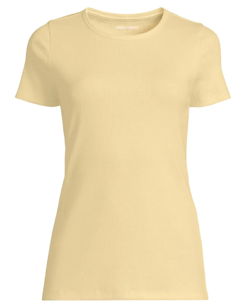 Lands' End Feinripp-Shirt mit Rundhalsausschnitt und kurzen Ã„rmeln, Damen, GrÃ¶ÃŸe regular, Gelb, Baumwolle/Elasthan, by Gelb