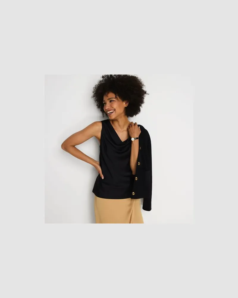 Lands' End Satin-Top mit Wasserfallausschnitt, Damen, Größe:44-46 regular, Schwarz, Polyester, by Schwarz