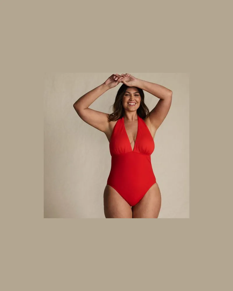 Lands' End Neckholder-Badeanzug Slender mit tiefem Ausschnitt, extra hohes Bein, Damen, Größe plus, Rot, Nylon-Mischung, by Rot