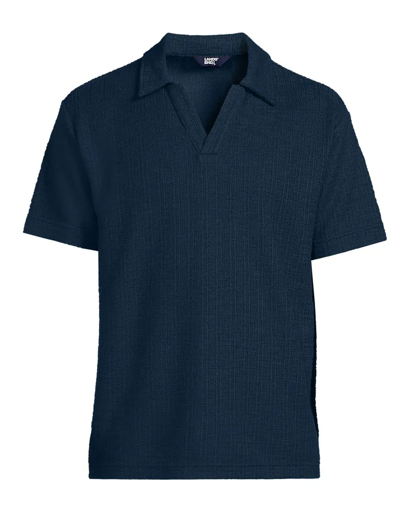 Lands' End Jacquard-Shirt mit V-Ausschnitt, Herren, Größe regular, Blau, Baumwolle/Polyester, by Blau