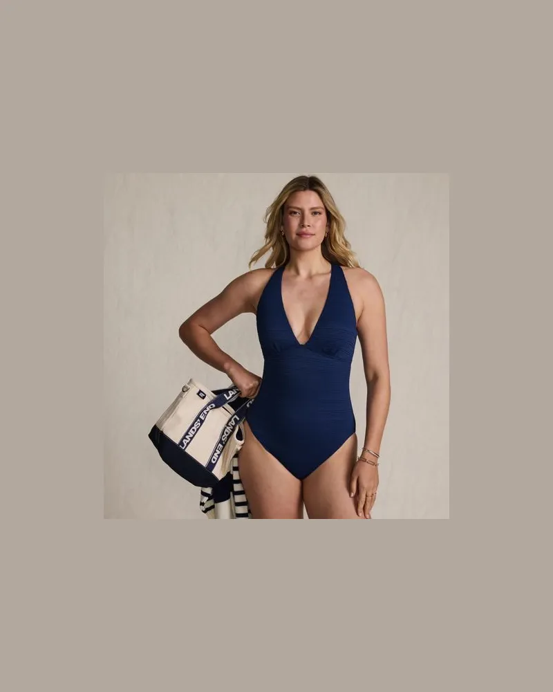 Lands' End Seersucker-Badeanzug mit V-Ausschnitt und extrahohem Bein, Damen, Größe regular, Blau, Nylon-Mischung, by Blau