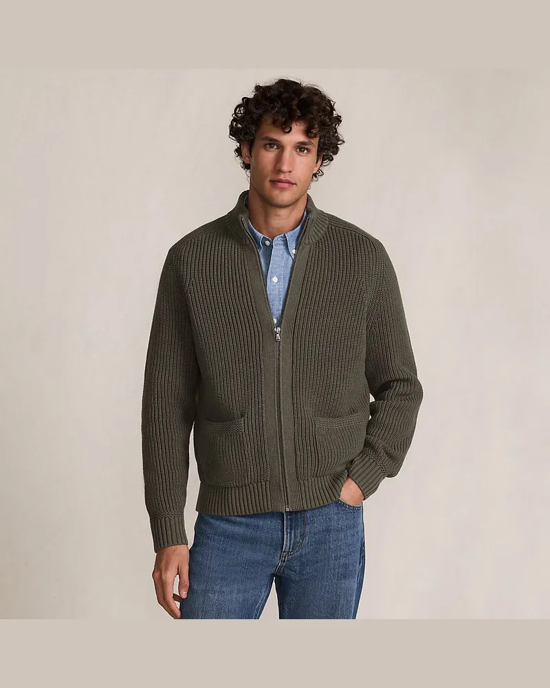 Lands' End Drifter Cardigan mit Reißverschluss, Herren, Größe regular, Grün, Baumwolle, by Grün