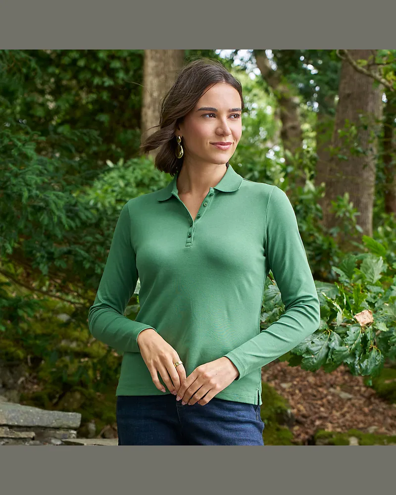Lands' End Supima-Poloshirt mit langen Ärmeln, Damen, Größe regular, Grün, Baumwolle, by Grün