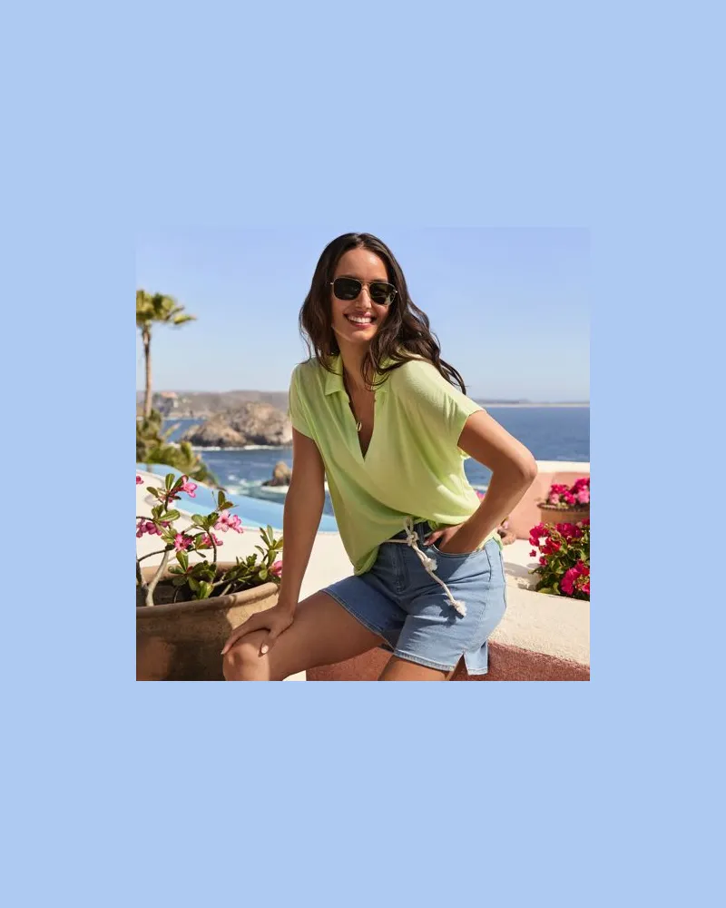 Lands' End Leinen/Modal-Shirt mit Polokragen, Damen, Größe:44-46 petite, Grün, Leinen/Baumwolle Modal, by Grün