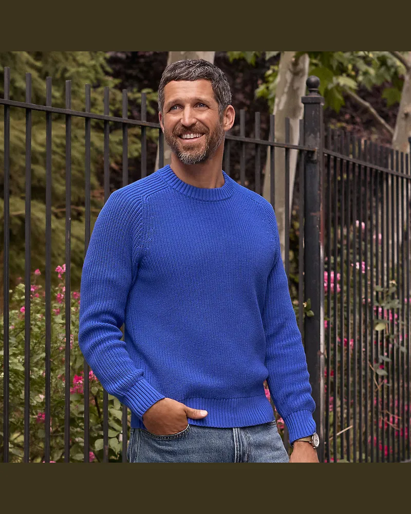 Lands' End Drifter Strukturstrick-Pullover, Herren, Größe regular, Blau, Baumwolle, by Blau