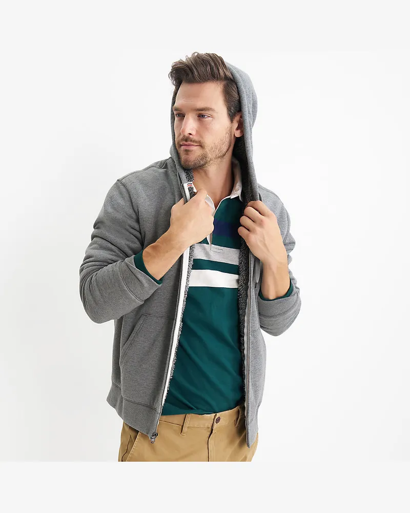 Lands' End Sweat-Kapuzenjacke mit Teddyfleece-Innenseite, Herren, Größe regular, Grau, Elasthan/Baumwoll-Mischung, by Grau