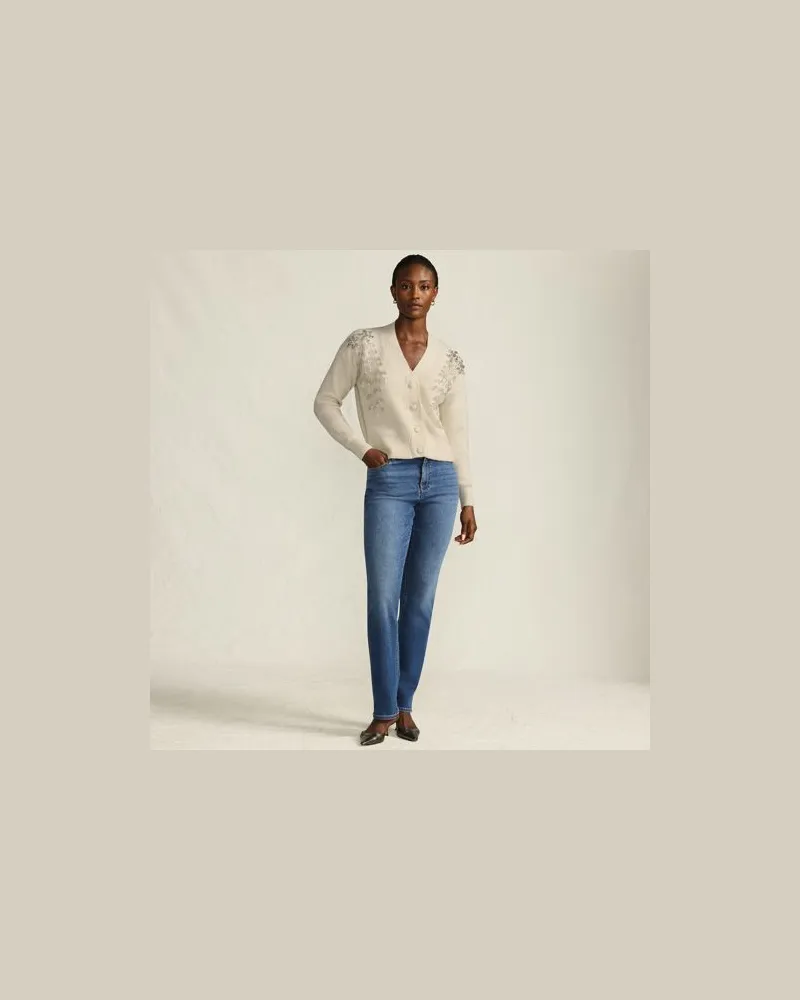 Lands' End Bestickter Cardigan mit V-Ausschnitt, Damen, Größe:40-42 petite, Weiß, Polyester/Polyacryl/Polyester-Mischung, by Weiß