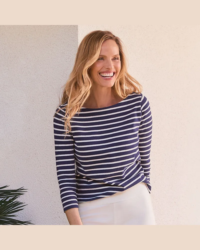 Lands' End Gestreiftes Baumwollshirt mit 3/4-Ärmeln, Damen, Größe regular, Blau, Baumwolle, by Blau