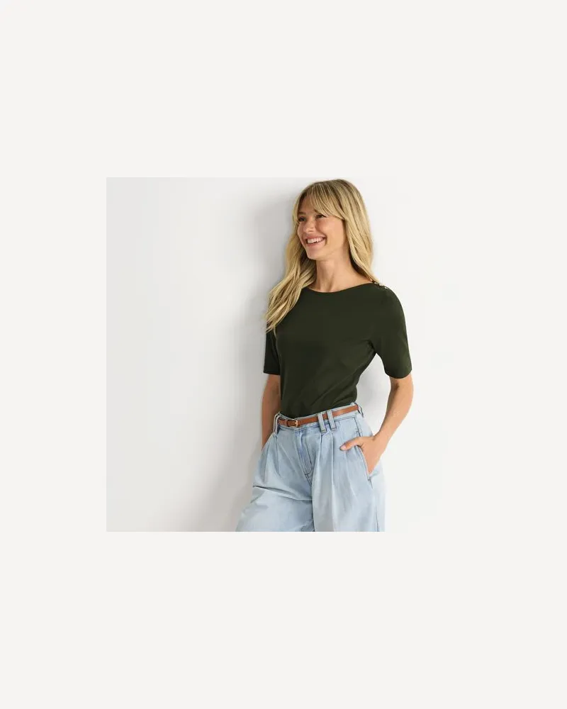Lands' End Supima® T-Shirt mit U-Boot-Ausschnitt und geknöpfter Schulter, Damen, Größe petite, Grün, Baumwolle, by Grün