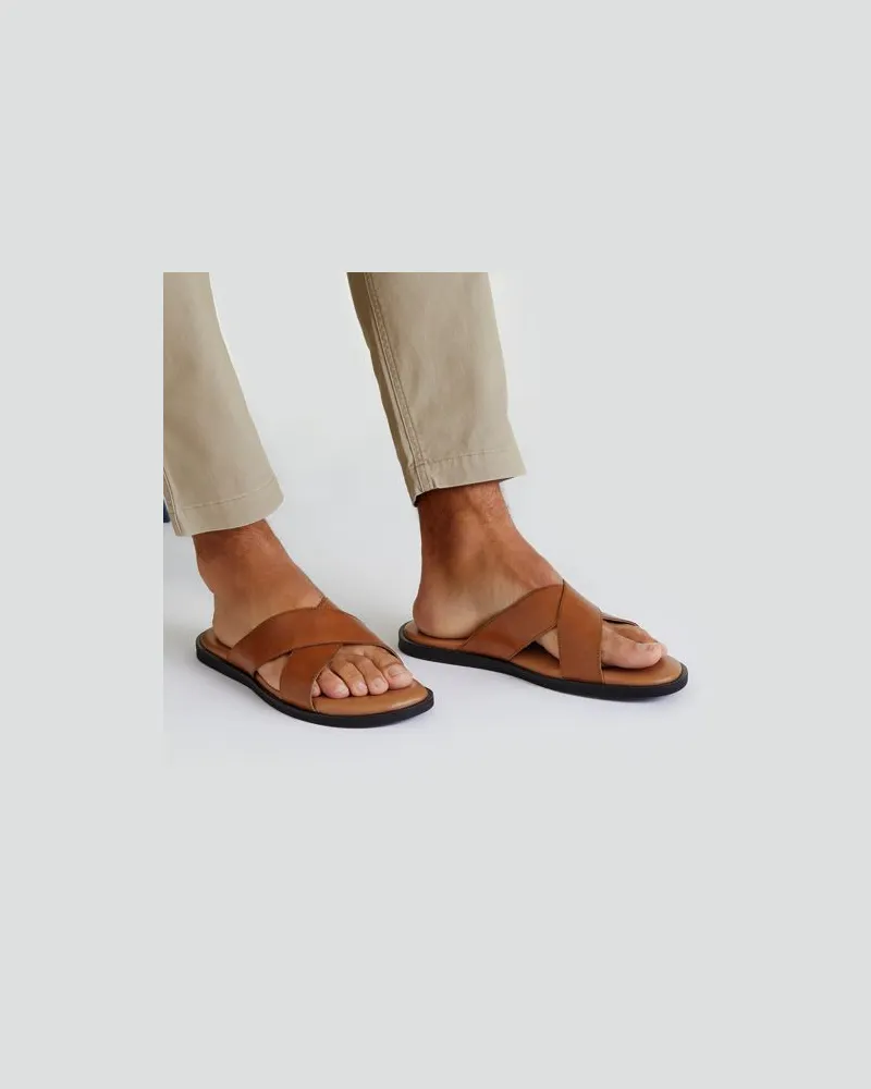 Lands' End Leder-Pantolette mit überkreuzten Ristbändern, Herren, Größe regular, Beige, Leder, by Beige