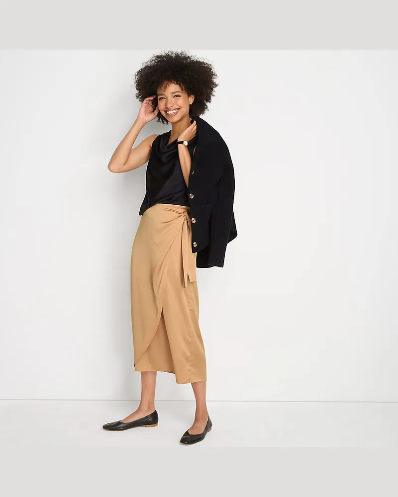 Lands' End Satin-Wickelrock in Midi-Länge, Damen, Größe petite, Braun, Polyester, by Braun