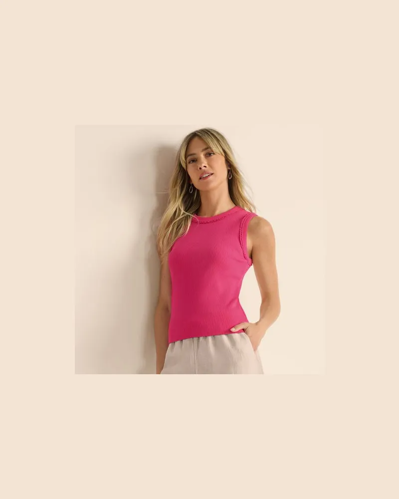 Lands' End Geripptes, ärmelloses Top mit Kontrast-Besatz, Damen, Größe:44-46 regular, Pink, Baumwolle/Baumwoll-Mischung, by Pink
