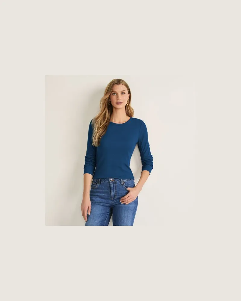Lands' End Langarmshirt aus mikrofeinem Baumwollripp, Damen, Größe:40-42 petite, Blau, Baumwolle/Elasthan, by Blau