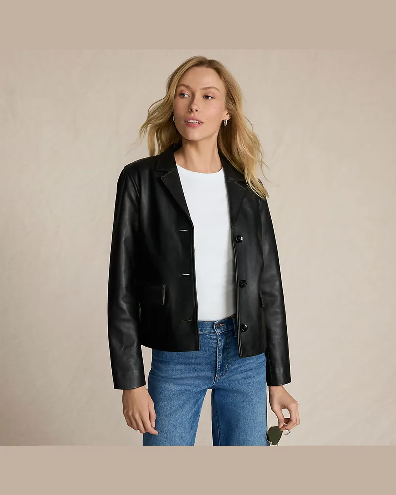 Lands' End Lederjacke mit Reverskragen, Damen, Größe regular, Schwarz, Leder, by Schwarz