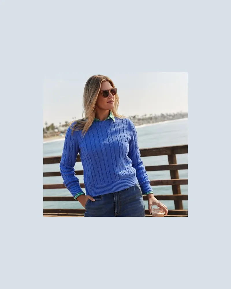 Lands' End Zopfmuster-Pullover DRIFTER, Damen, Größe:44-46 petite, Blau, Baumwolle, by Blau