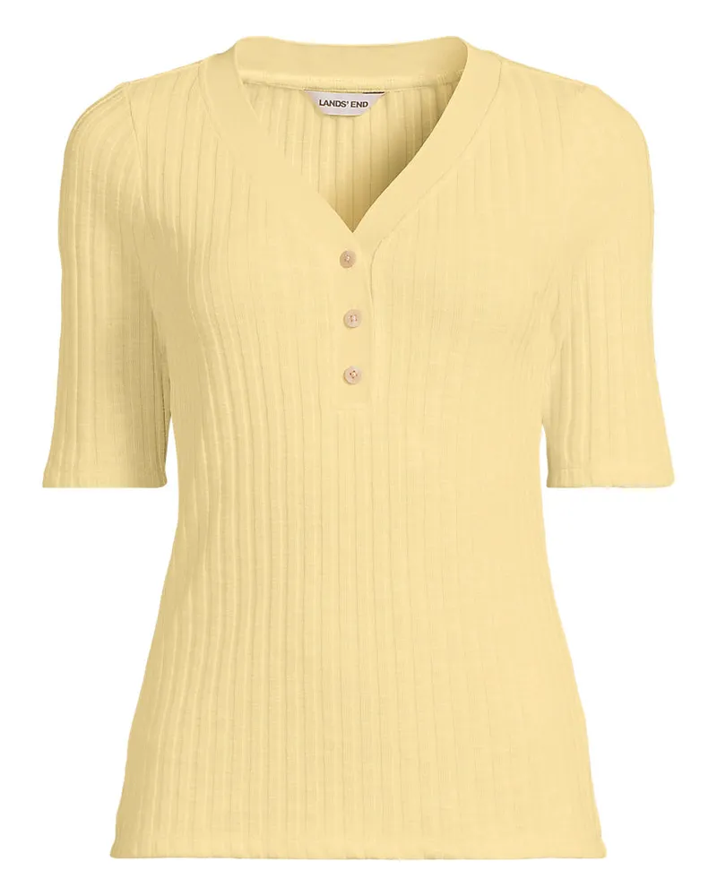 Lands' End Rippstrick-Henleyshirt mit halblangen Ã„rmeln, Damen, GrÃ¶ÃŸe regular, Gelb, Elasthan/Baumwoll-Mischung/Polyester-Mischung, by Gelb