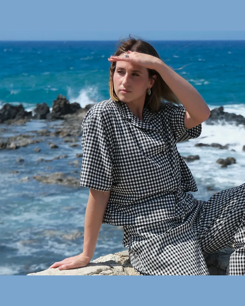 Lands' End Gingham-Bluse mit kurzen Ärmeln, Damen, Größe regular, Schwarz, Baumwolle/Polyester/Polyester-Mischung, by Schwarz
