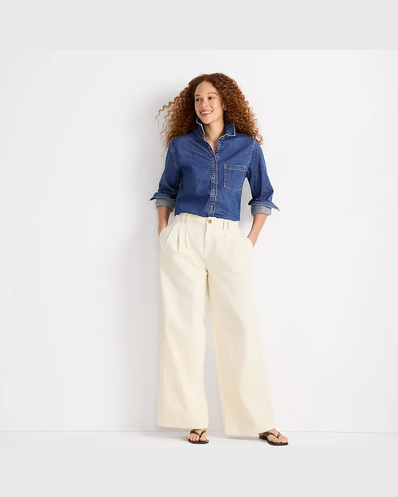 Lands' End Leichte Bundfalten-Jeans mit weitem Bein, Damen, Größe regular, Weiß, Baumwolle, by Weiß