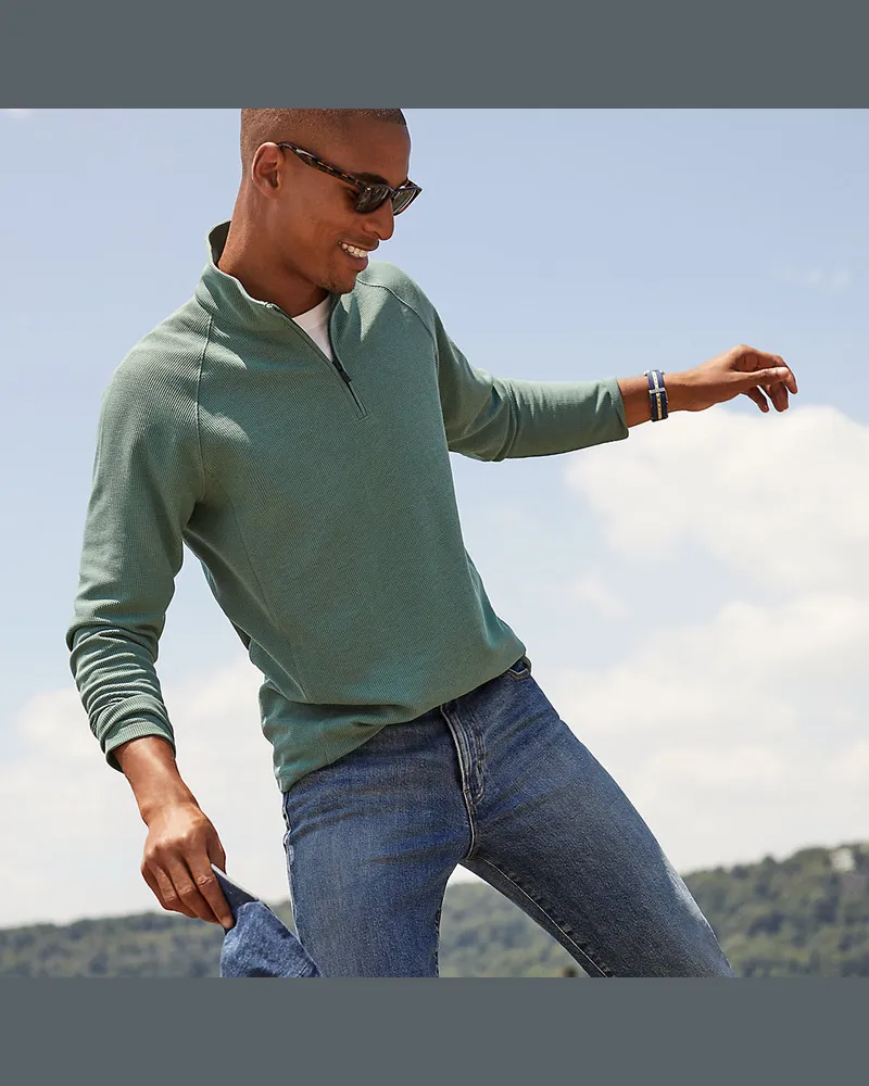 Lands' End Strukturiertes Langarm-Shirt mit Troyer-Kragen SOCIAL/ACTIVE, Herren, Größe regular, Grün, Elasthan/Lyocell (Viskose)/Polyester-Mischung, by Lands Grün