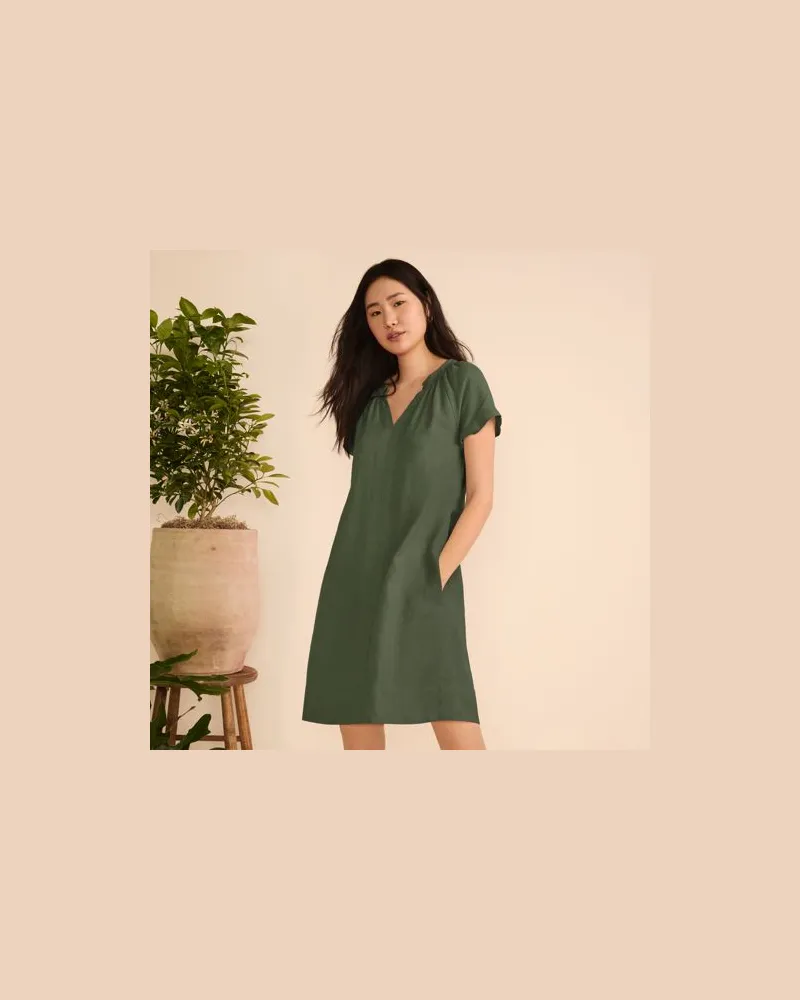 Lands' End Leinenkleid mit Smok-Ausschnitt, Damen, Größe regular, Grün, Leinen, by Grün