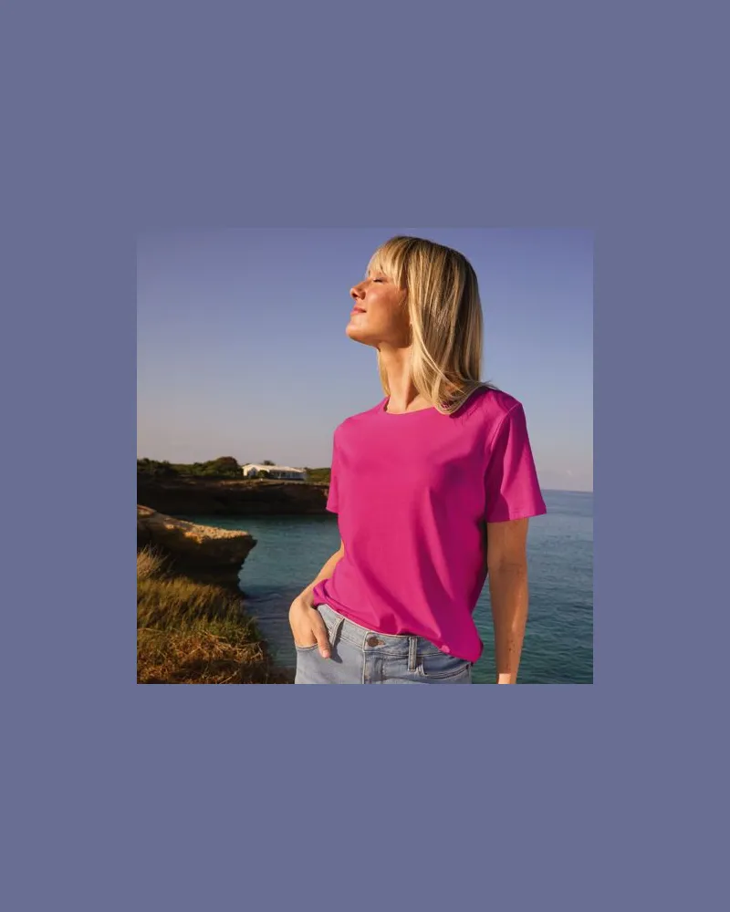 Lands' End Supima Kurzarm-Shirt mit rundem Ausschnitt, Damen, Größe:44-46 petite, Pink, Baumwolle, by Pink