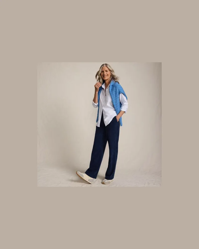 Lands' End Strickcord-Hose Straight Fit, Damen, Größe:32-34 petite, Blau, Elasthan/Baumwoll-Mischung/Polyester-Mischung, by Blau