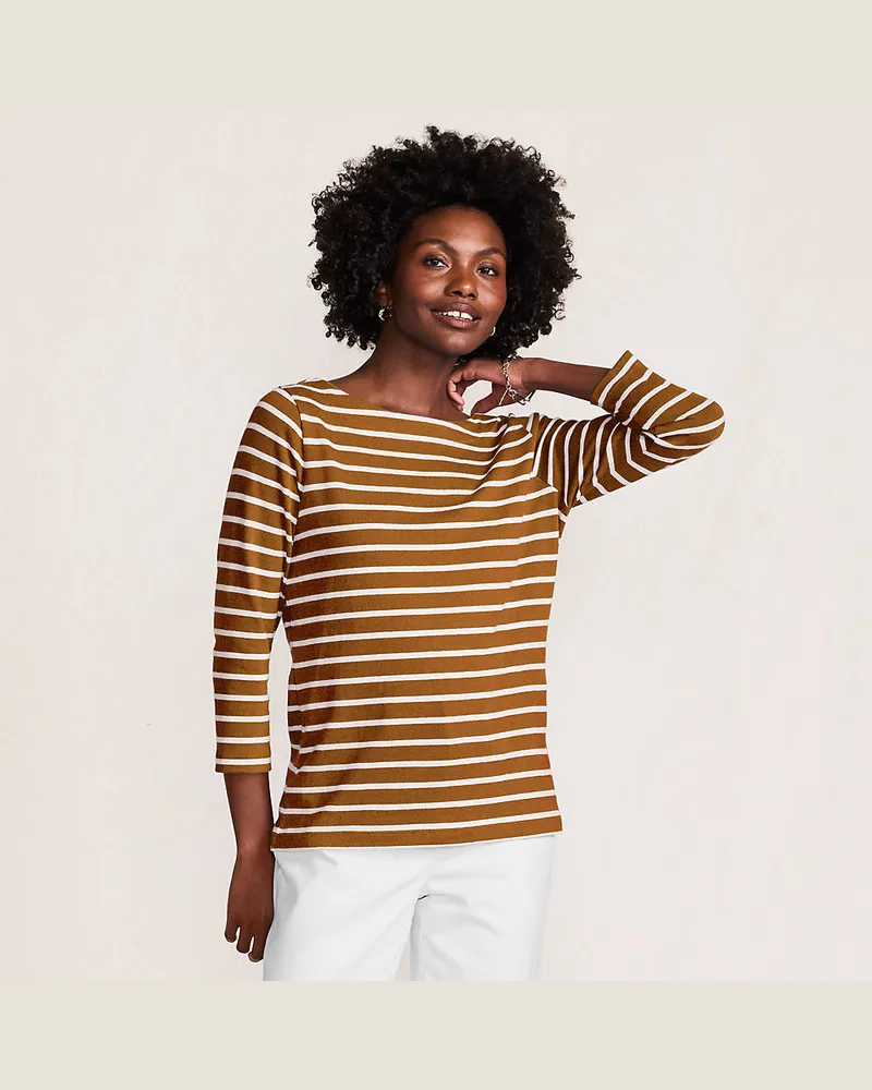 Lands' End Gestreiftes Baumwollshirt mit 3/4-Ärmeln, Damen, Größe regular, Braun, Baumwolle, by Braun