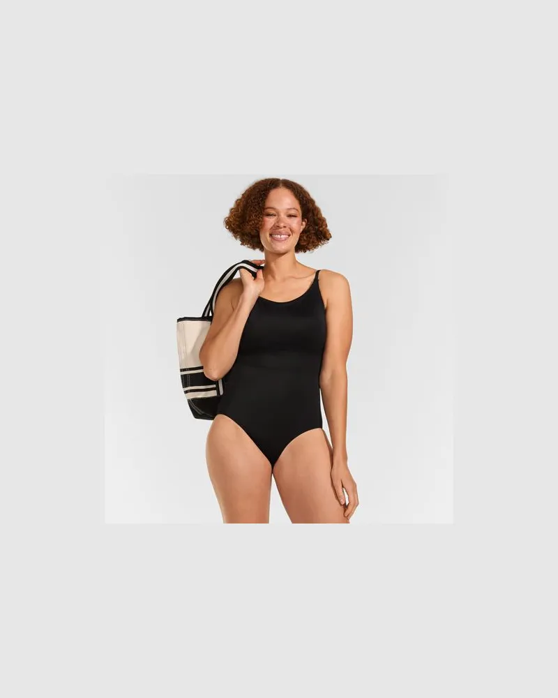 Lands' End Komfort-Badeanzug mit schmalen Trägern, hohes Bein, Damen, Größe regular, Schwarz, Nylon-Mischung, by Schwarz