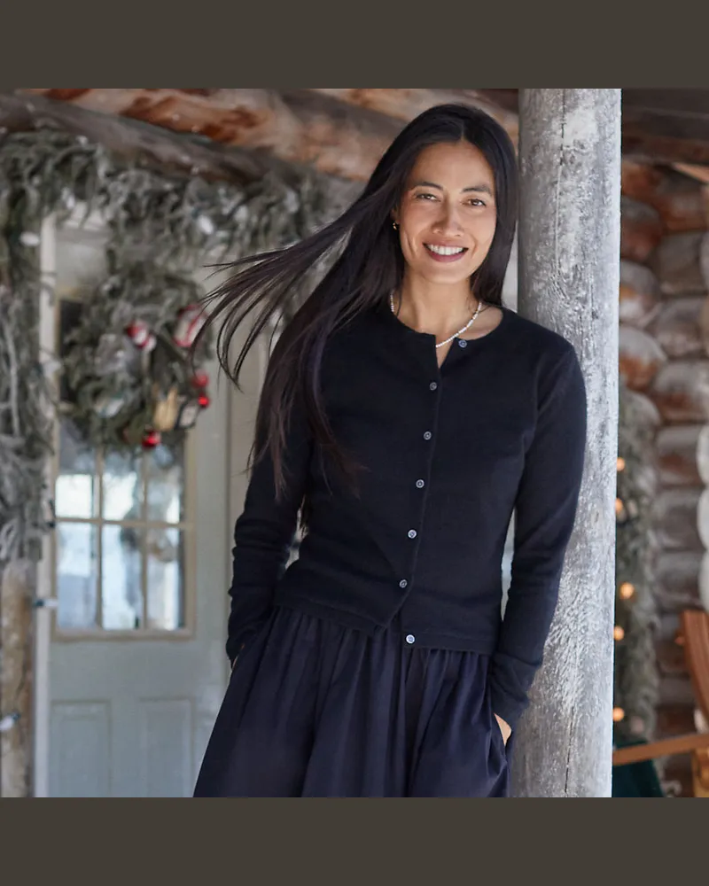 Lands' End Kaschmir-Cardigan mit rundem Ausschnitt, Damen, Größe regular, Schwarz, Kaschmir, by Schwarz