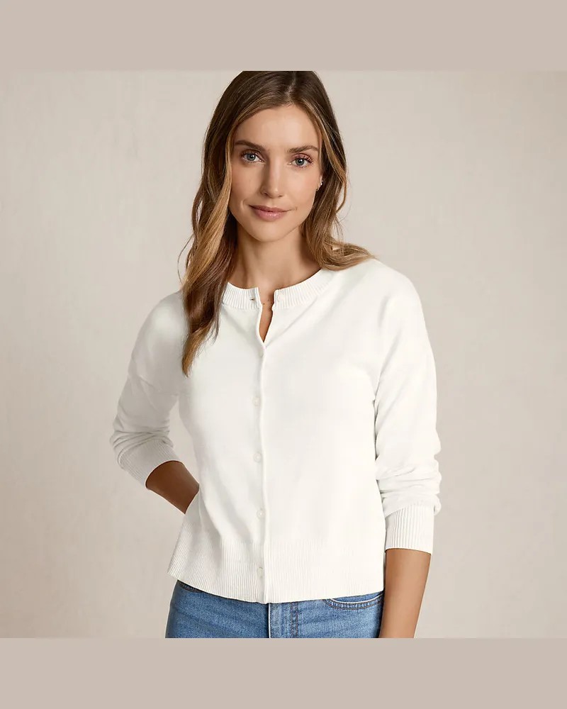 Lands' End Kurzer Feinstrick-Cardigan aus Baumwolle, Damen, Größe regular, Weiß, Baumwolle, by Weiß