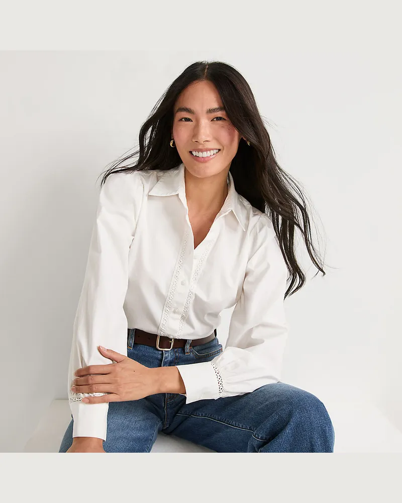 Lands' End Bluse mit HÃ¤kelborte aus Baumwolle, Damen, GrÃ¶ÃŸe regular, WeiÃŸ, Baumwolle, by Weiãÿ