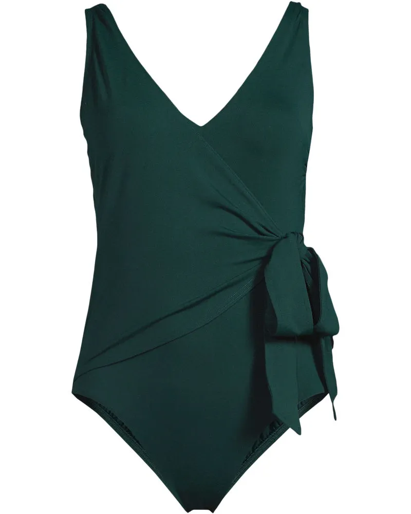 Lands' End Badeanzug mit seitlichem Bindeband, hohes Bein, Damen, Größe regular, Grün, Nylon-Mischung, by Grün