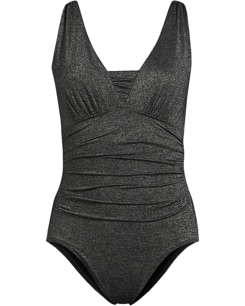 Lands' End Glitzer-Shape-Badeanzug mit V-Ausschnitt SLENDER, Damen, Größe regular, Schwarz, Elasthan/Polyester-Mischung/Nylon-Mischung, by Schwarz
