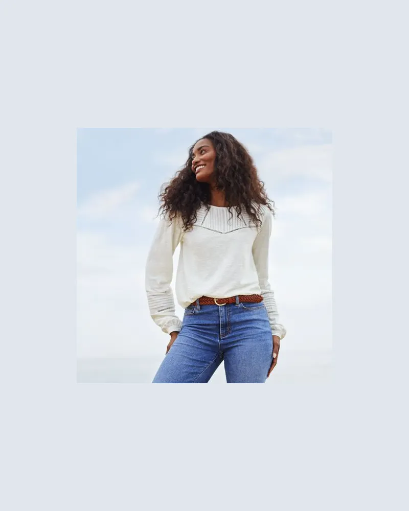 Lands' End Flammgarn-Shirt mit Biesen-Verzierung, Damen, Größe:44-46 regular, Weiß, Baumwolle, by Weiß