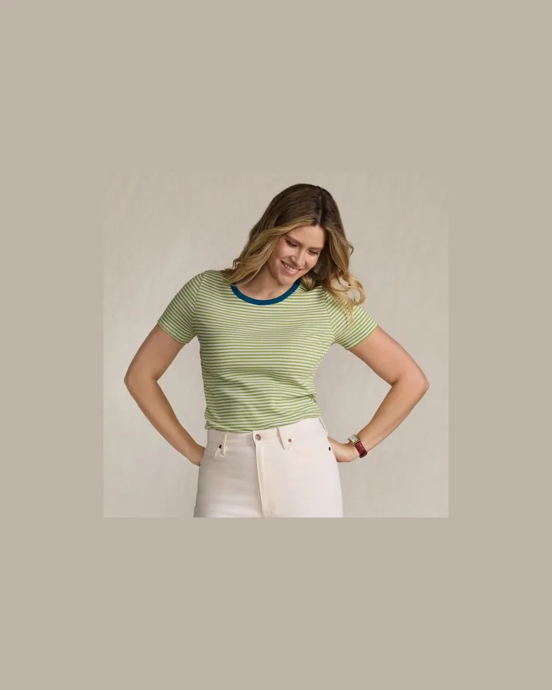 Lands' End Feinripp-Shirt mit Rundhalsausschnitt und kurzen Ärmeln, Damen, Größe:32-34 regular, Blau, Baumwolle/Elasthan, by Blau