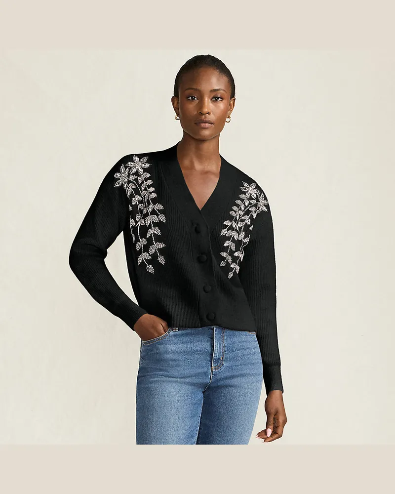Lands' End Bestickter Cardigan mit V-Ausschnitt, Damen, Größe regular, Schwarz, Polyester/Polyacryl/Polyester-Mischung, by Schwarz