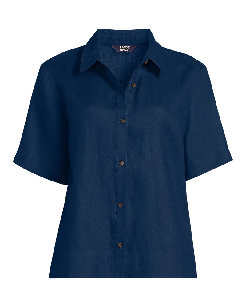 Lands' End Premium Reinleinen-Hemd mit kurzen Ärmeln, Damen, Größe petite, Blau, Leinen, by Blau
