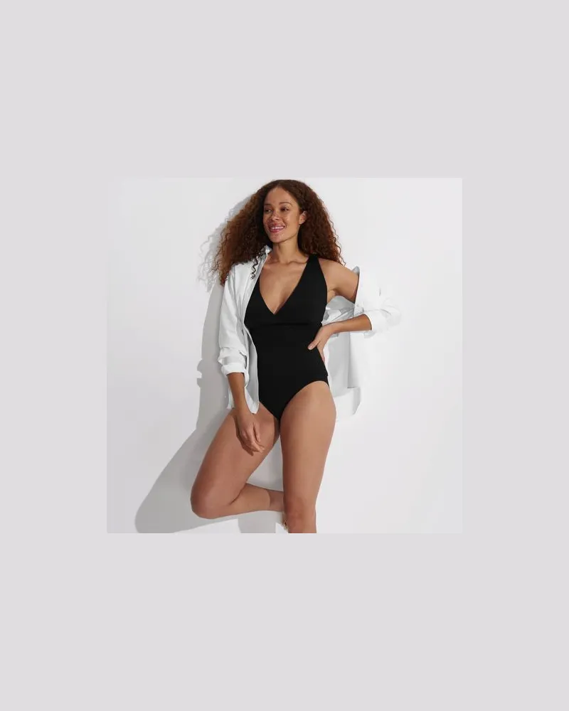 Lands' End Tankinitop mit V-Ausschnitt in F-Cup, Damen, Größe regular, Schwarz, Nylon-Mischung, by Schwarz