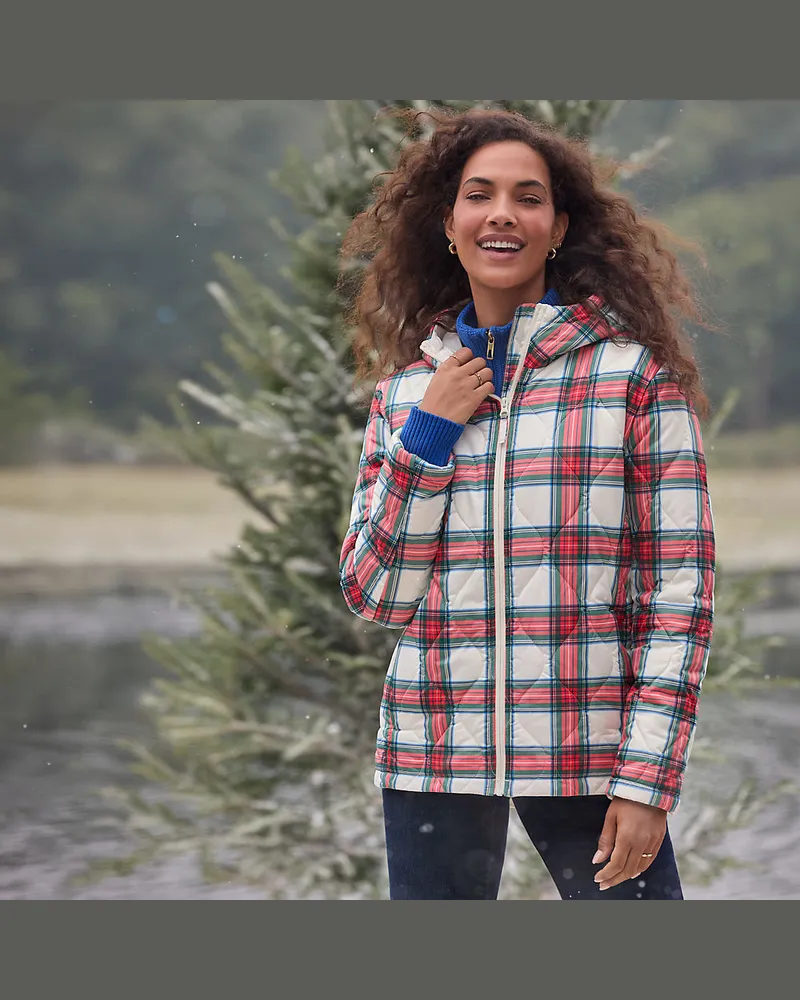 Lands' End Gemusterte Featherfree™ Steppjacke mit Kapuze, Damen, Größe regular, Weiß, Polyester, by Weiß