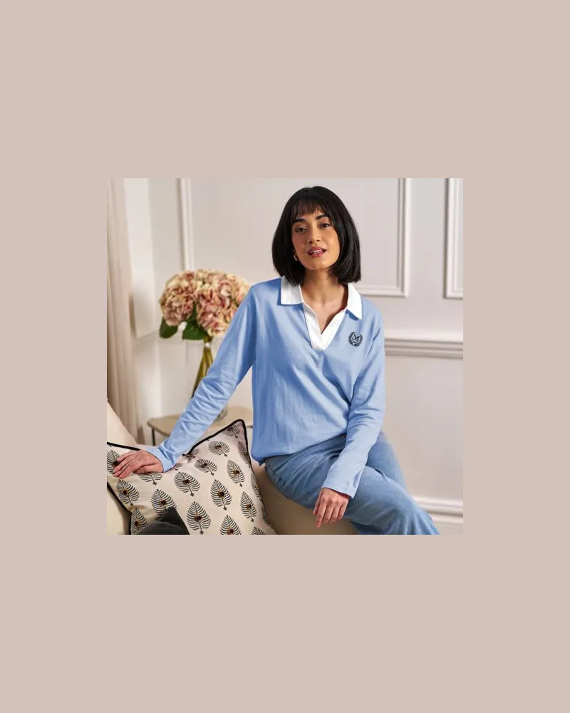 Lands' End Langärmeliges Poloshirt mit Webkragen, Damen, Größe regular, Blau, by Blau